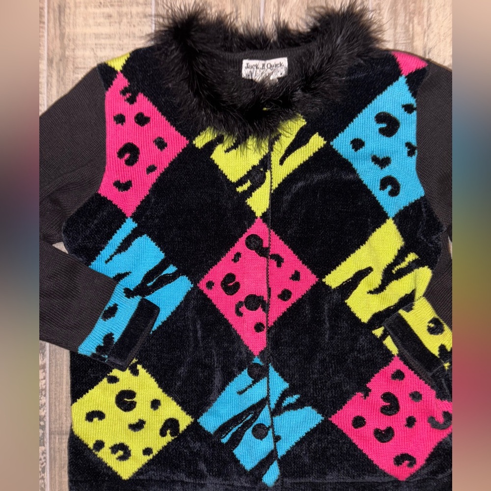 Jack B. Quick 90’s Womens Size 1X Embellished Cardigan Multi Color Abstract Neon - Picture 2 of 8